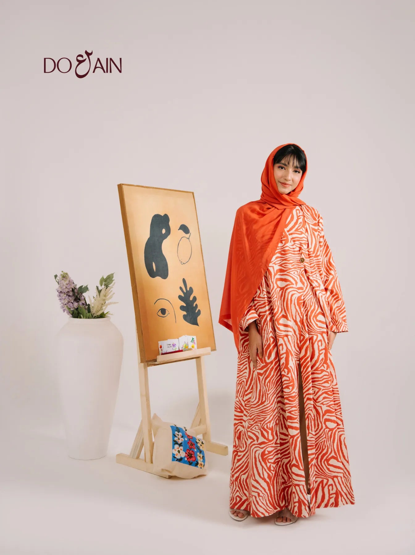 Coral Abaya – Vibrant Orange & White Printed Abaya with Modern Details | Doain Official