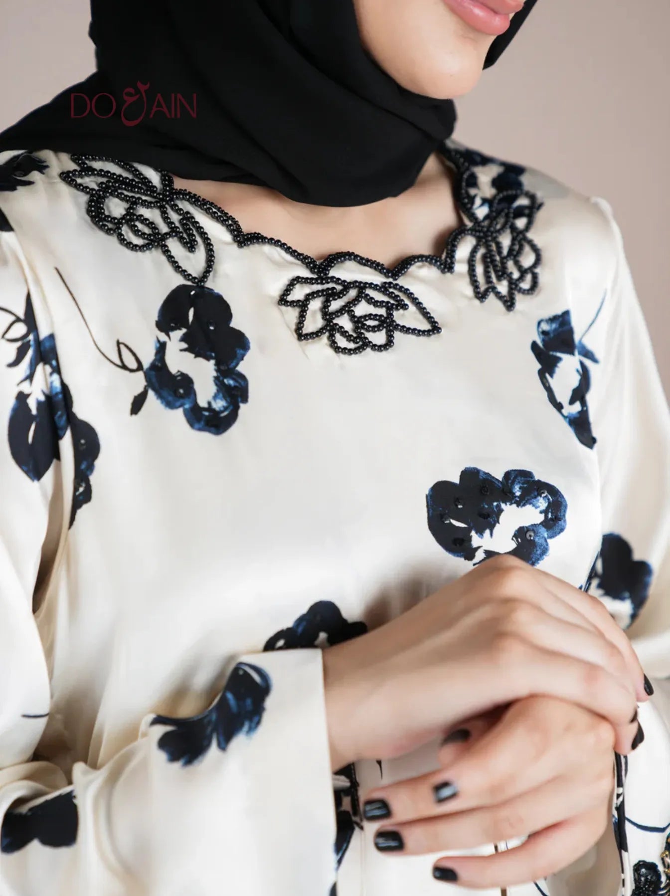 Izel – Silk One-Piece with Floral Print & Beaded Details | DOAIN