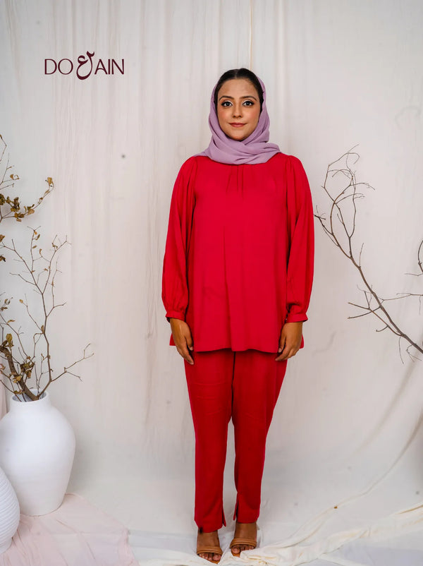 Rose Two-Piece Set – Crimson Co-ord with Elegant Embroidery
