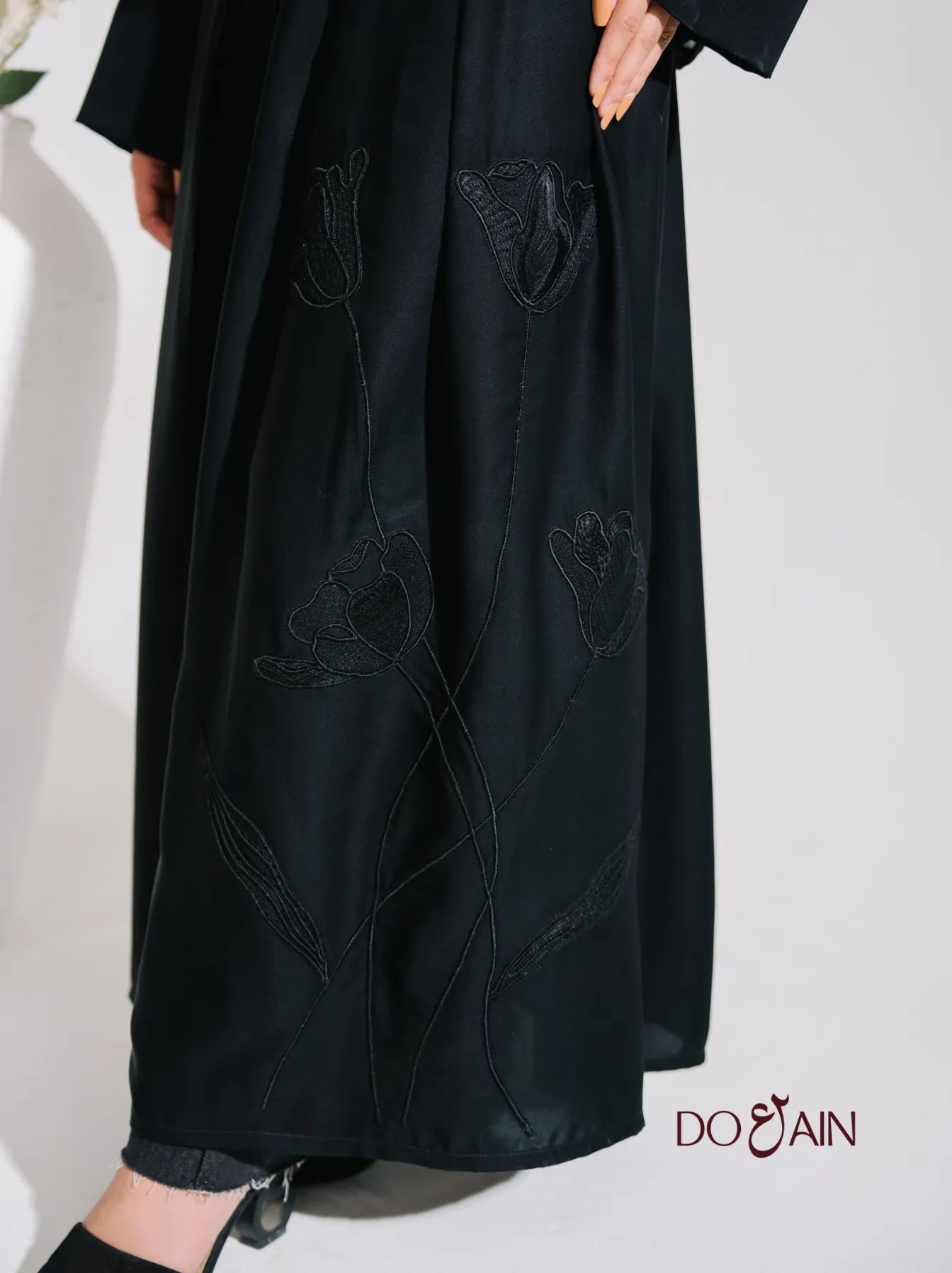 Roselle Abaya – Elegant Black Abaya with Subtle Embroidery | Doain Official